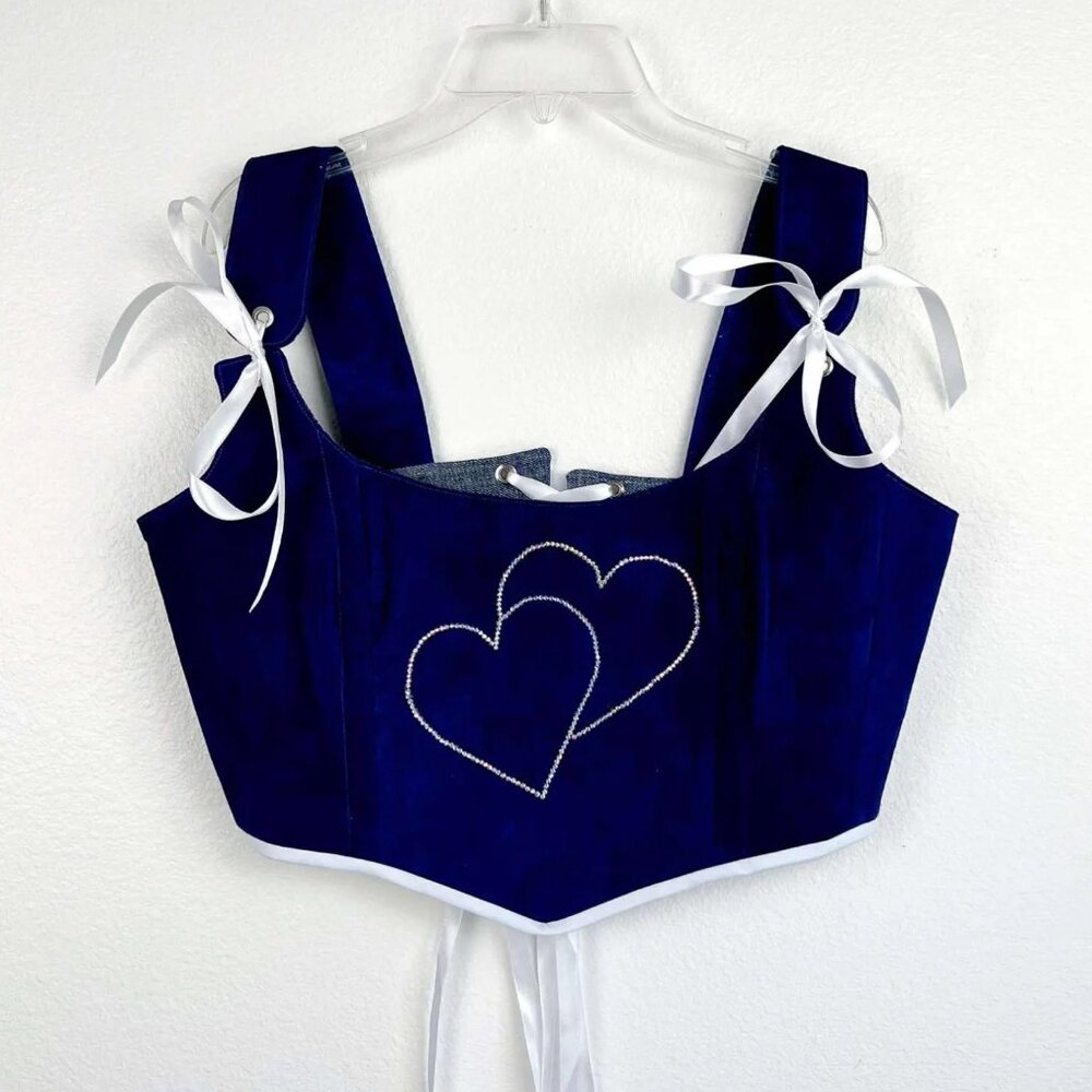 Dark Purple Suede Leather Corset Top with Rhinestone Heart